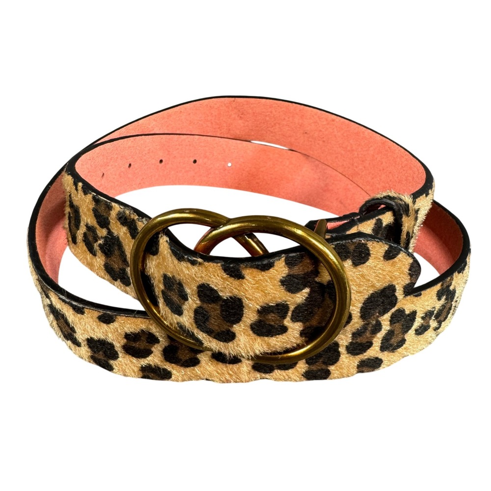 Leopard Print Calf Hair Double Ring Buckle Belt Gold Tone Hardware